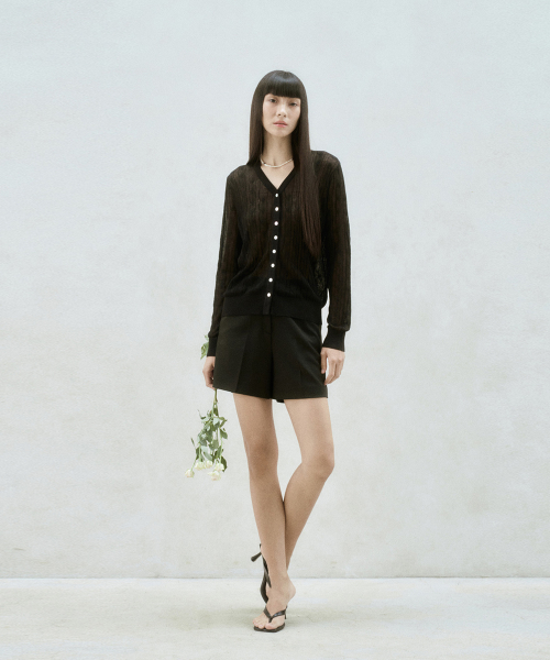 LINEN BLEND CABLE KNIT SHEER CARDIGAN BLACK