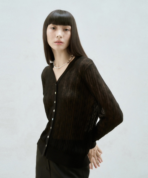 LINEN BLEND CABLE KNIT SHEER CARDIGAN BLACK