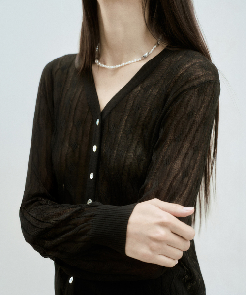 LINEN BLEND CABLE KNIT SHEER CARDIGAN BLACK