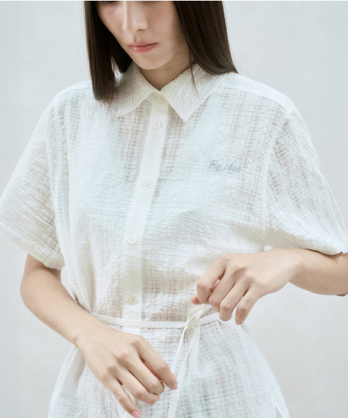 TIE WAIST CHECKED SHEER SHIRT