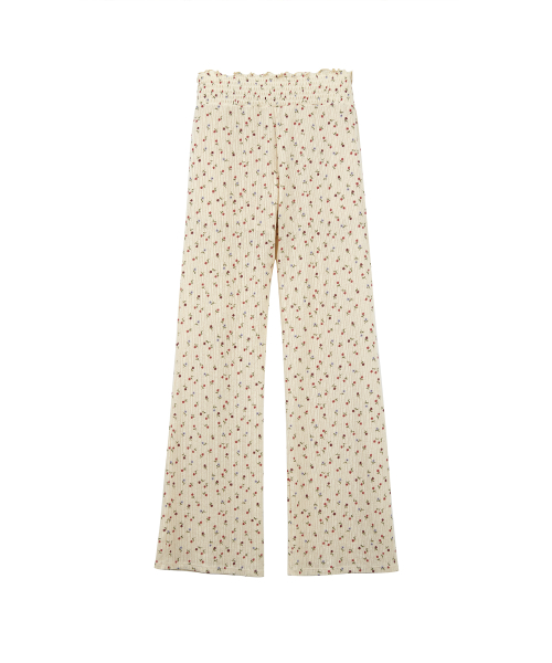 lotsyou_Shirring Boot Cut Pants Flower Beige