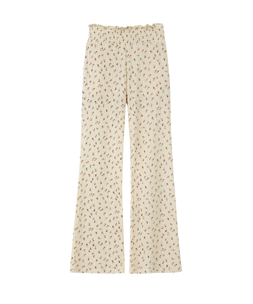 lotsyou_Shirring Boot Cut Pants Flower Beige