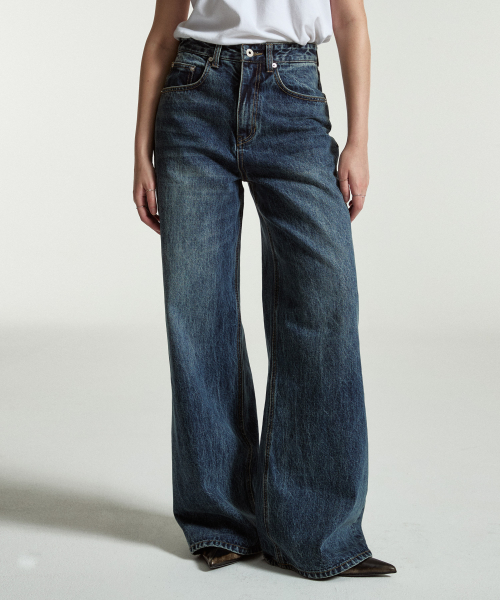 Stack wide denim pants (Dark blue)