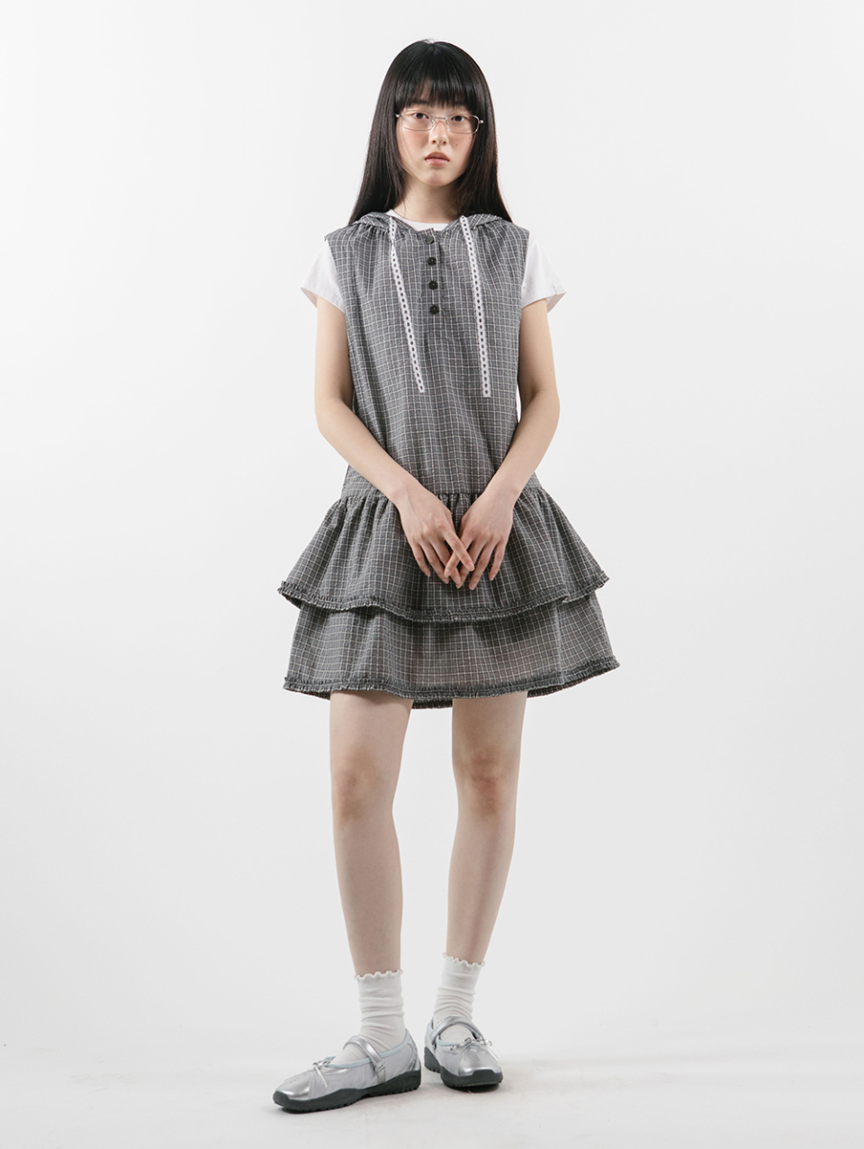 뚜오미오(TUOMIO) CHECK MINI HOODED DRESS [BLACK] - 사이즈