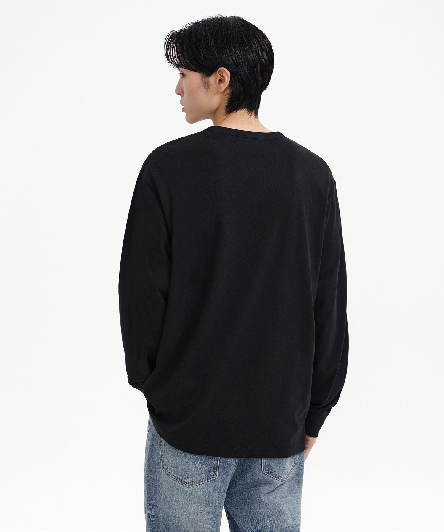 RIB CUFFS HENLEY NECK LONGSLEEVE T SHIRT [BLACK]