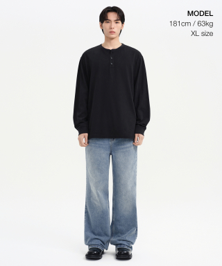 MUSINSA STANDARD MUSINSA STANDARD リップカフス ヘンリーネック 長袖Tシャツ [ブラック] 画像 2