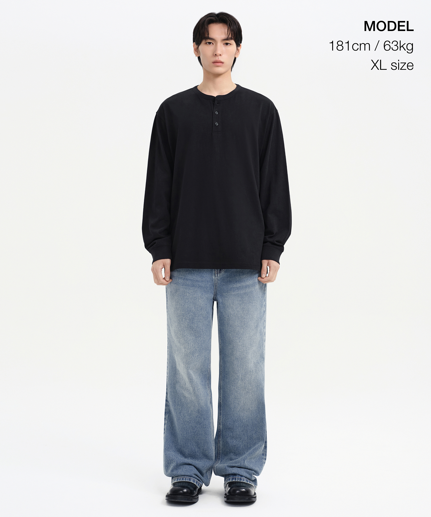 RIB CUFFS HENLEY NECK LONGSLEEVE T SHIRT [BLACK]