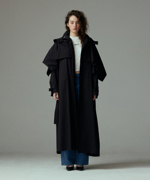 Pleated long trench coat