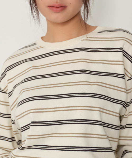 WOMENS MULTI-STRIPE OVERSIZED LONG-SLEEVE T-SHIRT [CREAM/BEIGE]