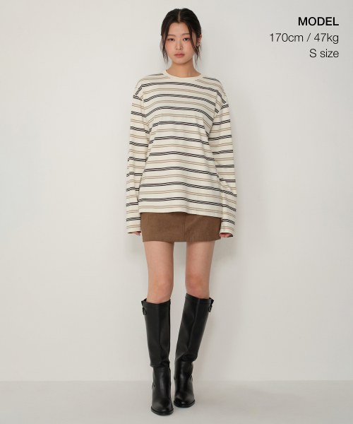WOMENS MULTI-STRIPE OVERSIZED LONG-SLEEVE T-SHIRT [CREAM/BEIGE]