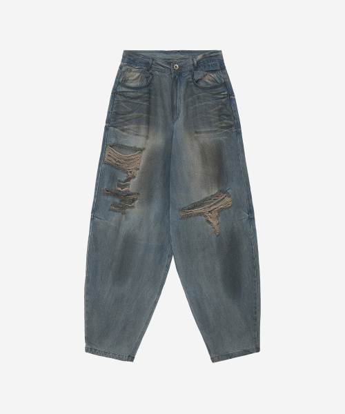 Destroyed Oil Washed Wide Denim Pants Light Blue