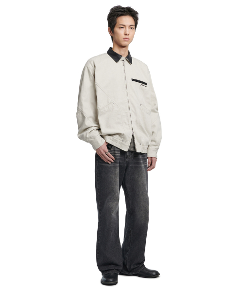 VINTAGE LEATHER COLLAR WORK JACKET - OFF WHITE
