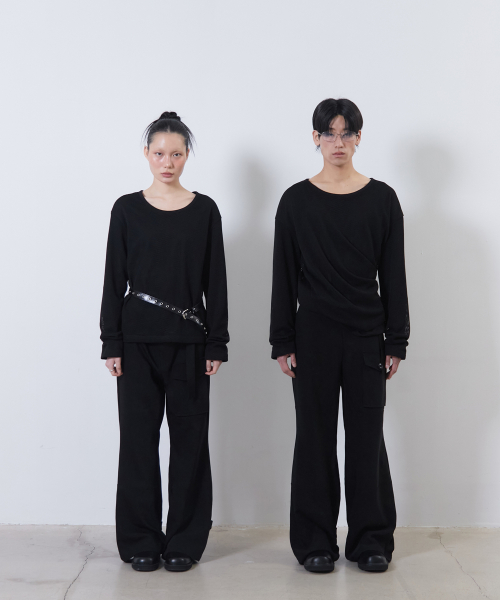 belted stained flare pants (black)