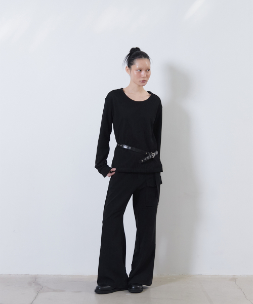 belted stained flare pants (black)