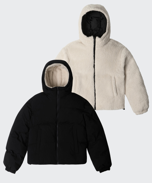 Женский двусторонний пуховик-флис с капюшоном (Black/Cream)