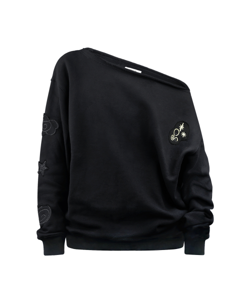 Свитшот на одно плечо WXT067 с аппликацией (BLACK)