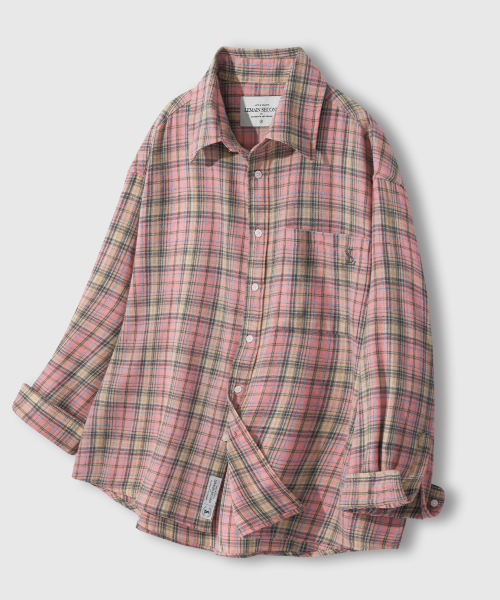 оверсайз FLANNEL карман клетка рубашка [DEEP розовый