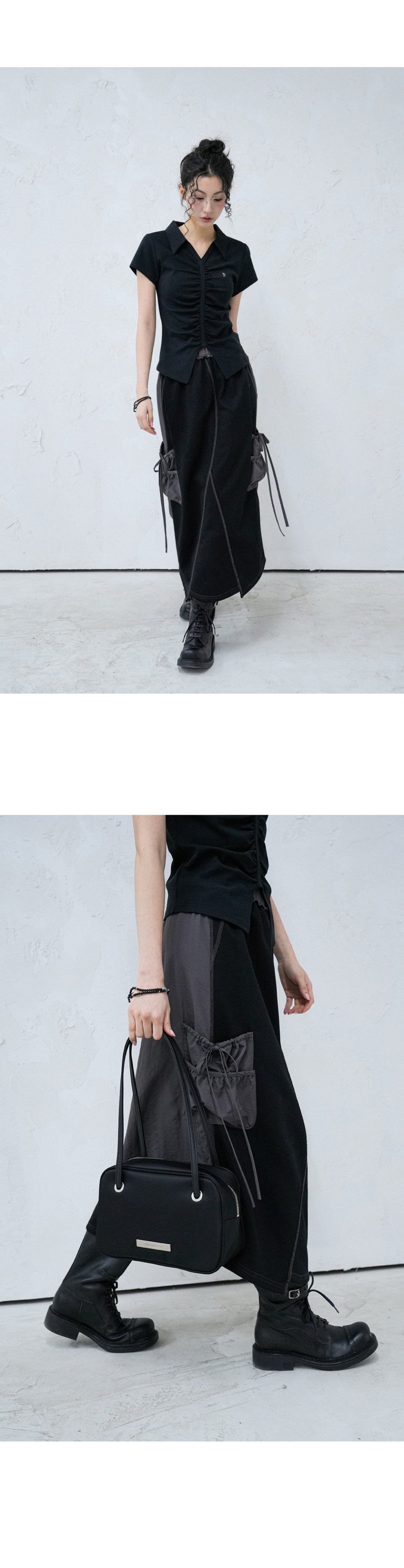 Y Taslan Coloring Long Skirt BLACK X CHARCOAL - 감도 깊은
