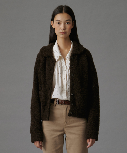 BOUCLE COLLAR KNIT JACKET BROWN