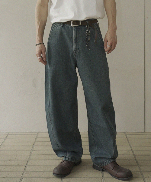 NOSTALGIA GR WASHED CURVED LINE DENIM JEANS #1