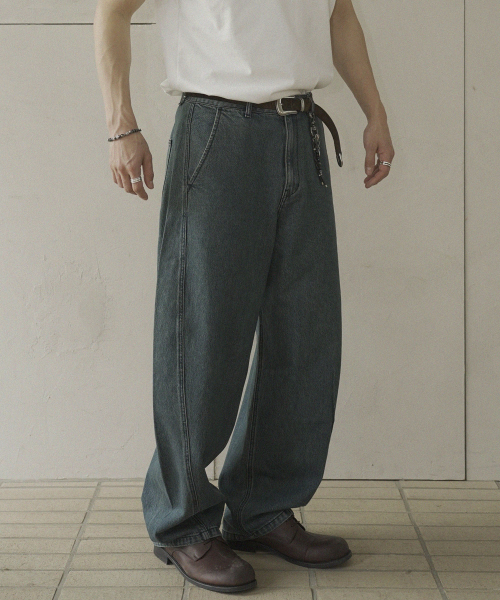 NOSTALGIA GR WASHED CURVED LINE DENIM JEANS #1