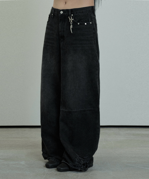 Hem Damage Keyring Wide Denim брюки (Black)