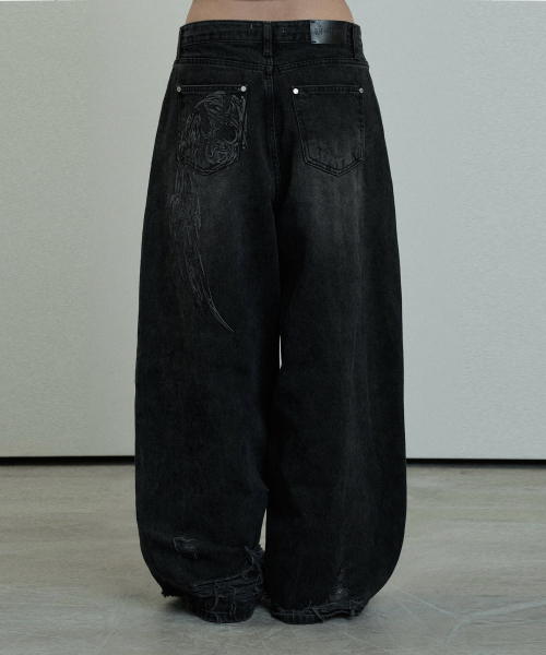 Hem Damage Keyring Wide Denim брюки (Black)
