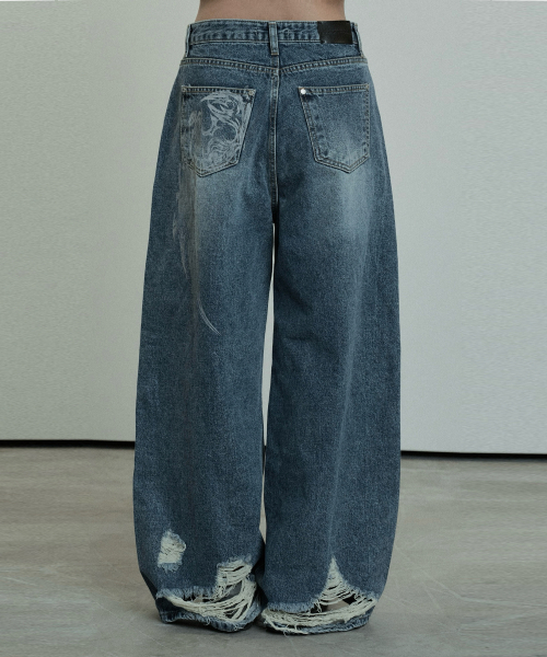 Hem Damage Keyring Wide Denim брюки (Blue)