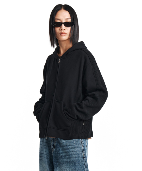 Dual Knit капюшон кардиган на молнии (Black)