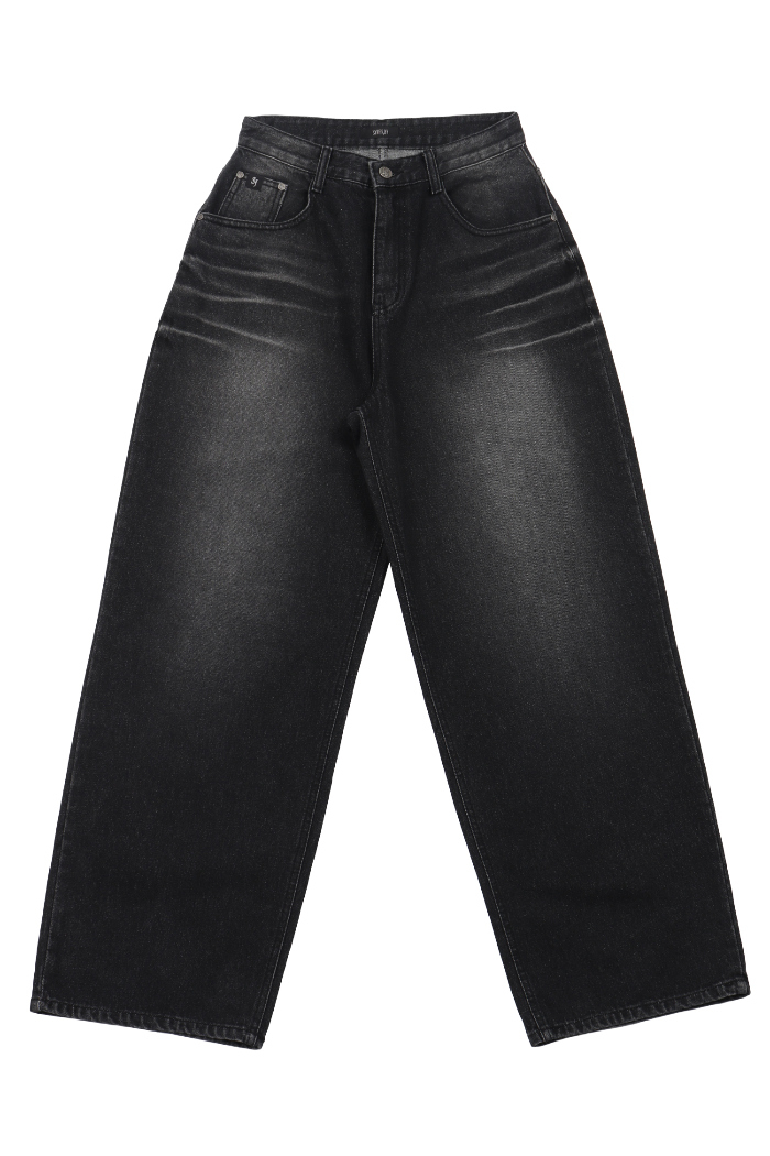 시너진(SYNERJYN) OVERSIZED CAT WASHING DENIM PANTS BLACK - 사이즈