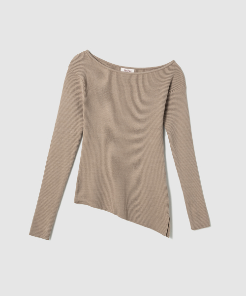 Трикотажный джемпер с открытыми плечами и разрезом, Mocha Beige