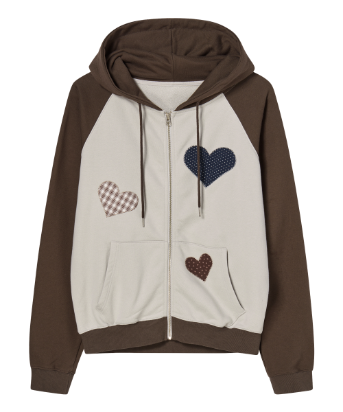Divided Heart Patch Hood Zip Up Brown
