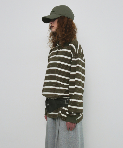 STRIPE OVERFIT COLLAR T-SHIRT_хаки