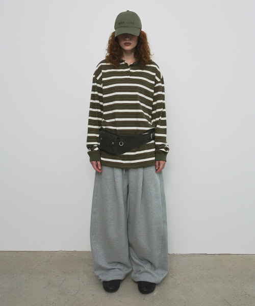 STRIPE OVERFIT COLLAR T-SHIRT_хаки