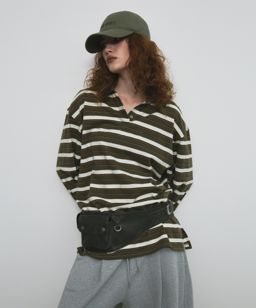 STRIPE OVERFIT COLLAR T-SHIRT_хаки