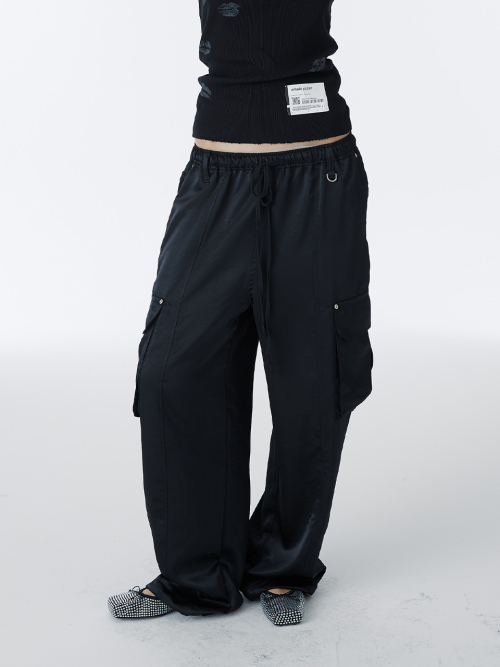 Широкие атласные брюки карго (Black)