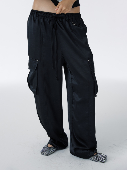 Широкие атласные брюки карго (Black)