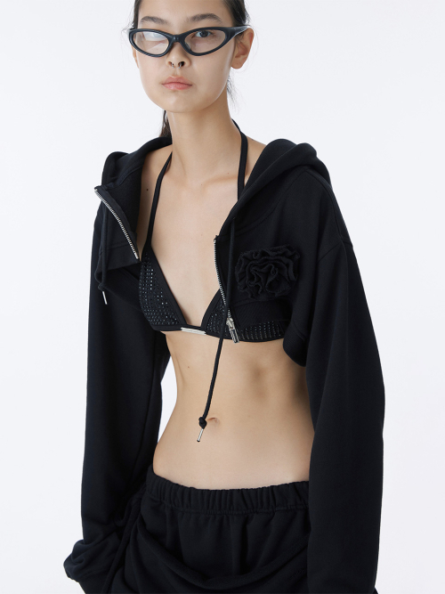 Укороченный худи на молнии с корсажем (Black)