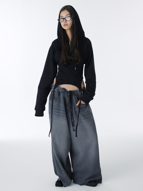 Укороченный худи на молнии с корсажем (Black)