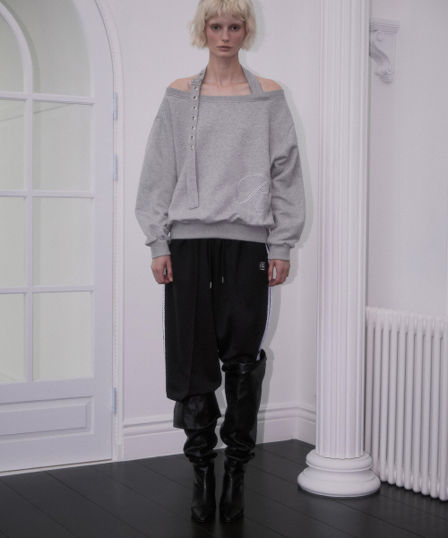 Eyelet Strap Open Sweatshirt [Gray]