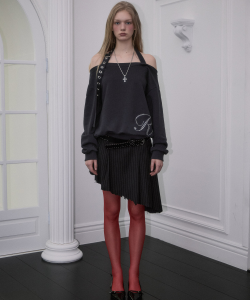 Eyelet Strap Open Sweatshirt [Charcoal]