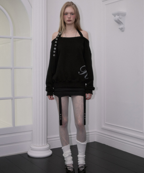 Eyelet Strap Open Sweatshirt [Black]