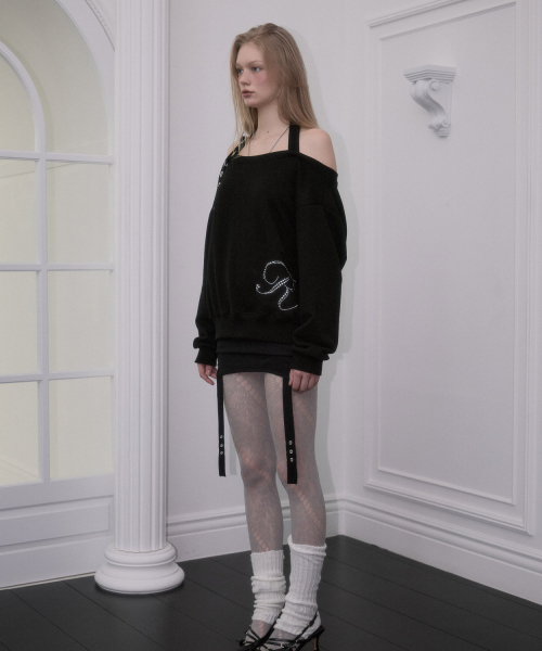 Eyelet Strap Open Sweatshirt [Black]