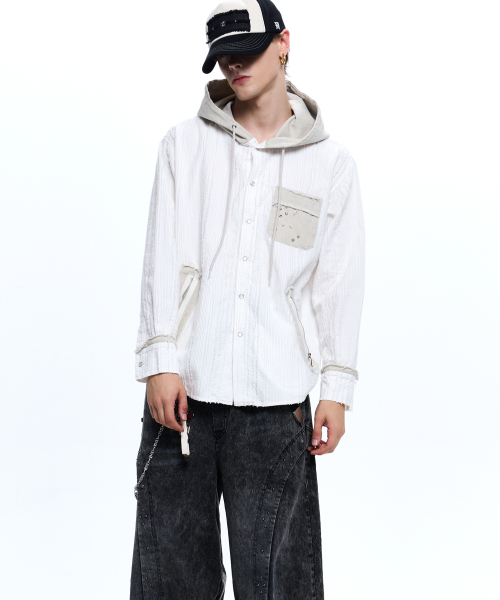 DENIM MIXED TRIMMING JACQUARD HOOD SHIRT - WHITE