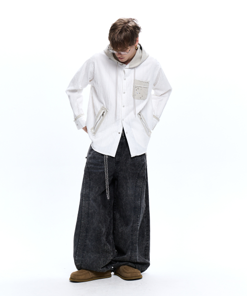 DENIM MIXED TRIMMING JACQUARD HOOD SHIRT - WHITE
