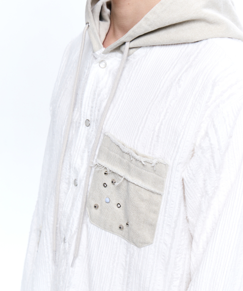 DENIM MIXED TRIMMING JACQUARD HOOD SHIRT - WHITE