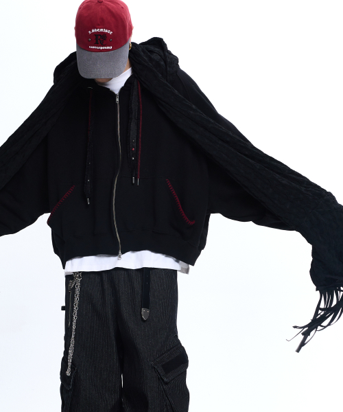 DENIM STRAP CROP HOOD ZIPUP - BLACK
