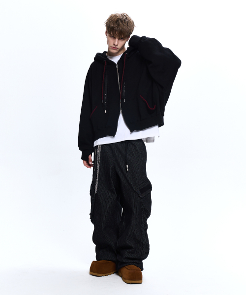 DENIM STRAP CROP HOOD ZIPUP - BLACK
