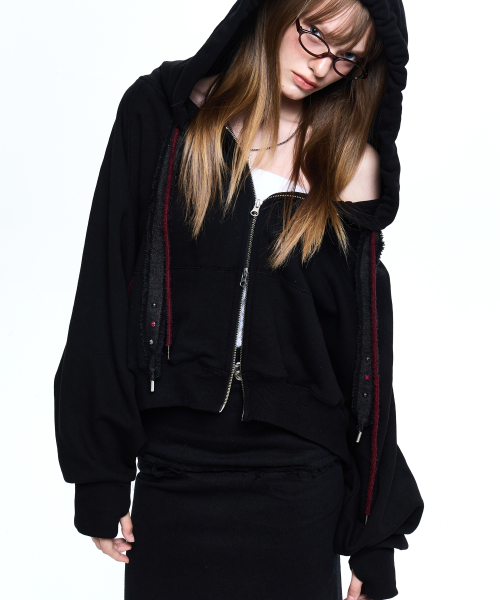 DENIM STRAP CROP HOOD ZIPUP - BLACK