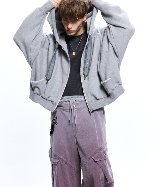 DENIM STRAP CROP HOOD ZIPUP - MELANGE